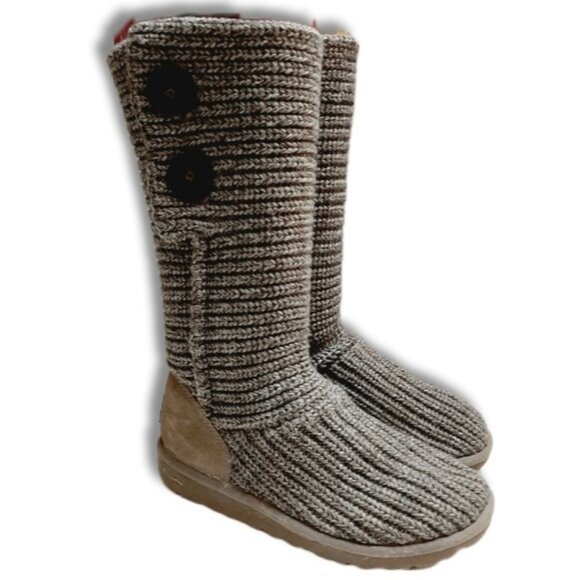UGG Classic Cardy Boots 2-Button Tall / Fold-Over Knit Grey Sz 5 - Picture 1 of 16